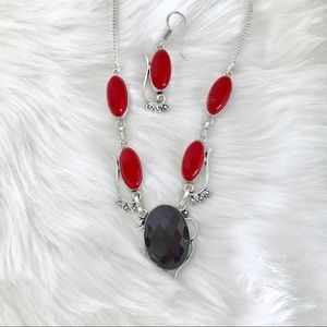 AMETHYST, CORAL NECKLACE & EARRINGS. .925 SILVER.